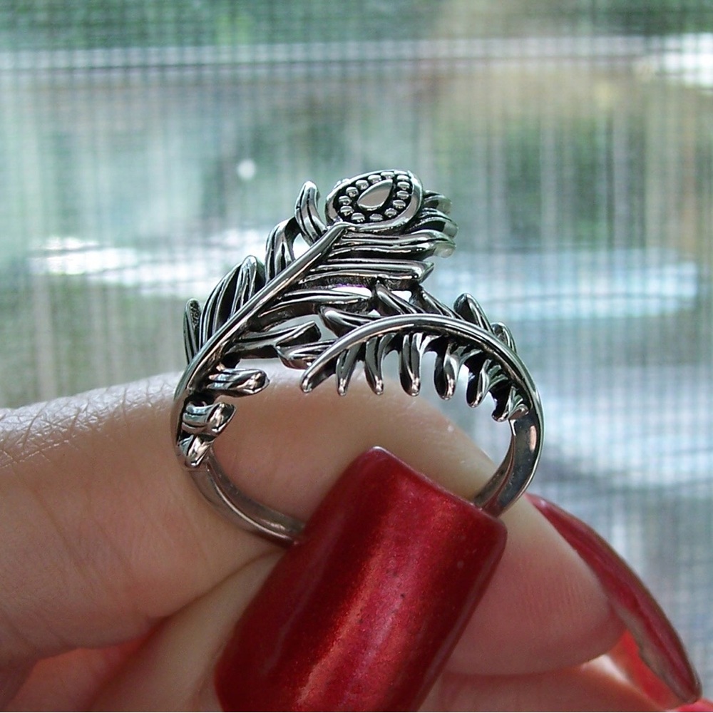 925 STERLING SILVER Peacock Feather Ring - Picture 9 of 16